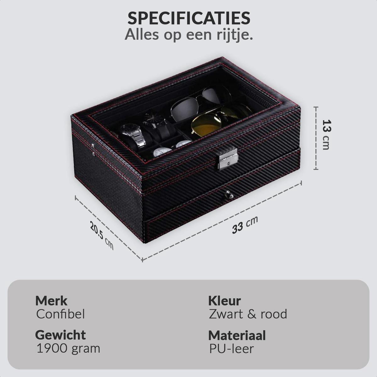 AUTOARK Lederen 6 Horloge Box Sieraden Case en 9 Stuk Brillen Opslag en Zonnebril Bril Display Lade Afsluitbare Case Organizer, Zwart, AWU-048