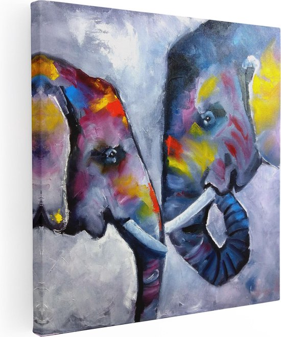Abstract schilderij met twee kleurrijke olifantenkoppen, met blauwe en paarse tinten.