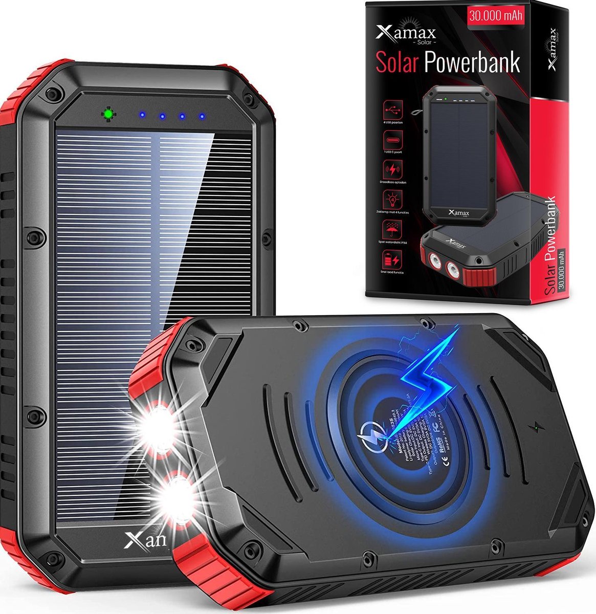Xamax® Solar Powerbank 30.000 mAh Charger – Qi Draadloze Oplader - Zonne energie - Snellader voor iPhone & Samsung – Externe Batterij USB C, USB A & Micro USB