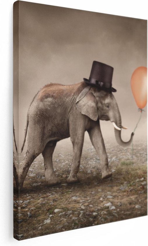 Artaza - Canvas Schilderij - Olifant Met Een Oranje Ballon - Hoedje - Foto Op Canvas - Canvas Print