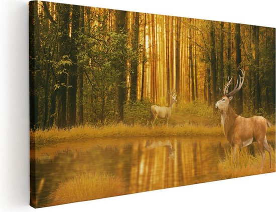 Artaza Canvas Schilderij Twee Herten In Het Bos Bij Het Water - 120x60 - Groot - Foto Op Canvas - Canvas Print