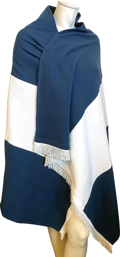 Rotterdams Handwerk - ZEEZACHT - hammamdoek  - saunadoek - strandlaken - omslagdoek - blauw - wit - 100% katoen - hydrofiel - handdoek