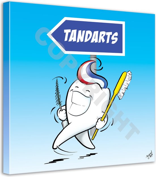 Tandarts Cartoon op canvas - Roland Hols - Wandelende kies - 90 x 90 cm - Houten frame 4 cm dik