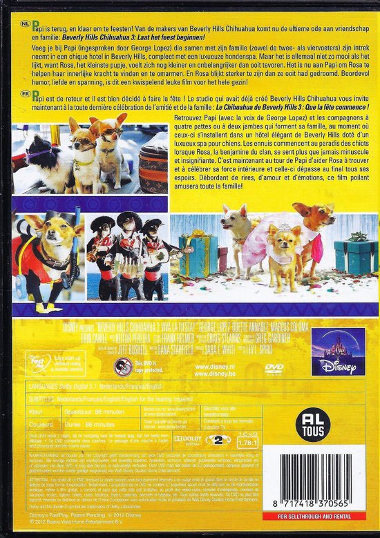Achterkant van de dvd-hoes van Beverly Hills Chihuahua 3 met informatie en trailers.
