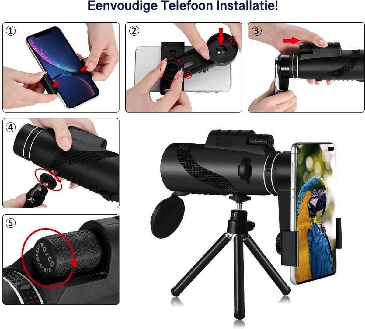 chasse SLKIJDHFB Télescope monoculaire HD 40 x 60 avec trépied et support pour smartphone camping tourisme pour observation