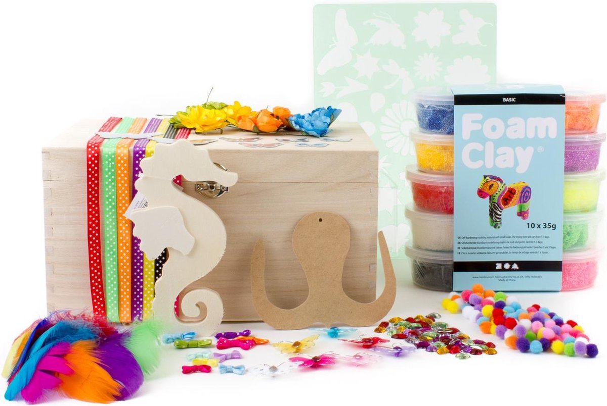 schatkist knutselbox hout| zeepaard vlinder | Foam Clay® knutsel pakket | uniek luxe cadeau voor creatief kind | knutselen met kinderen geschenk
