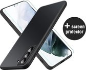 Samsung Galaxy S21 FE Hoesje - zwart matte siliconen case - S21 FE back cover met 2X Screenprotector - EPICMOBILE