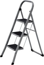 SONGMICS Klaptrap met 3 treden, trapladder, ladder, 20 cm brede treden met anti-slip rubberen matten, anti-slip voeten, met leuning, tot 150 kg belastbaar, van staal, grijs-zwart GSL003GY01