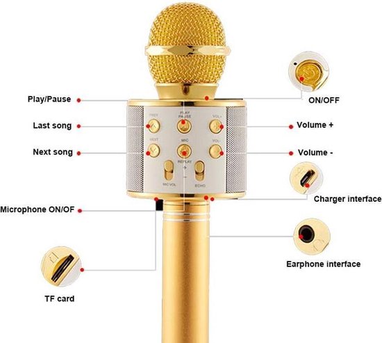 Karaoke Microfoon - Draadloos - Bluetooth Verbinding - Goud - Voor de gezelligste feestjes - Merkloos