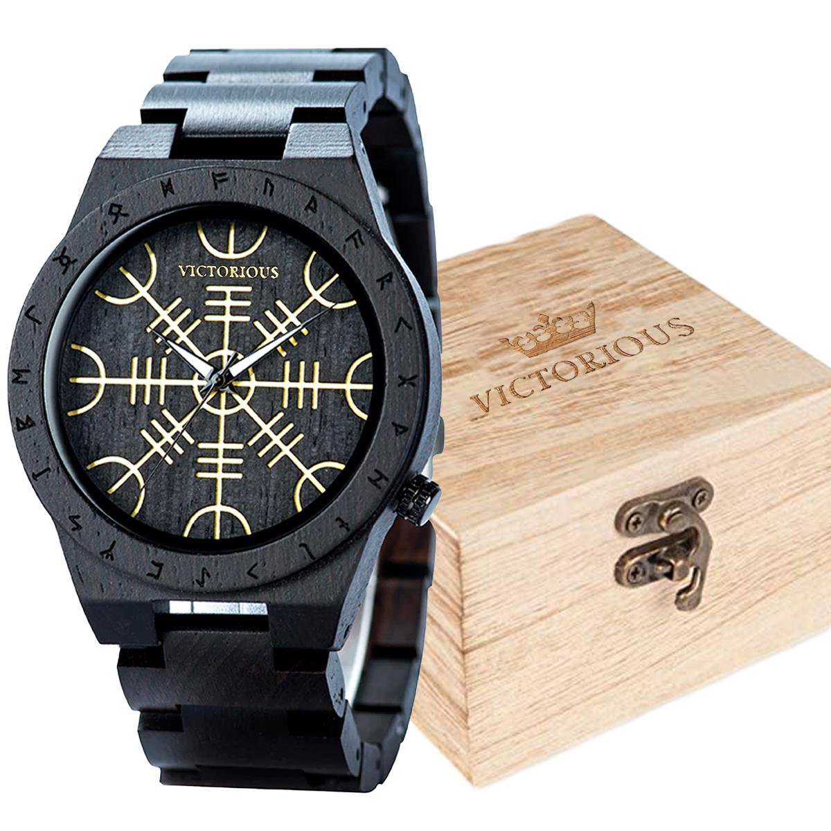 Victorious Zwart Walnoothout met Gouden Details Wood Collections - Heren Horloge - Dames Horloge - Ø44mm
