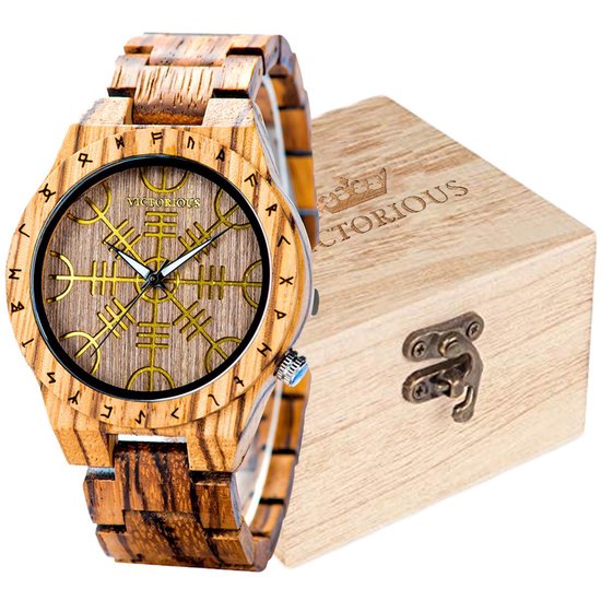 Victorious Bruin Zebrahout met Gouden Details Wood Collections – Heren Horloge - Dames Horloge - Ø44mm