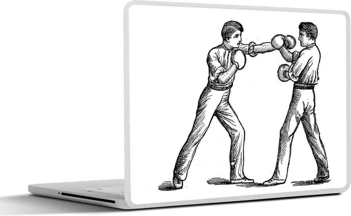Afbeelding van product SleevesAndCases  Laptop sticker - 11.6 inch - Een zwart-wit tekening van twee personen die tegen elkaar boksen