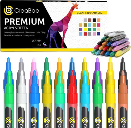 Creabae - Happy Stone Acryl Stiften 0.7 MM -  Premium Acrylstiften Voor Stenen Schilderen - 20 Kleuren - Tekenset - Acryl Marker - Creabae©