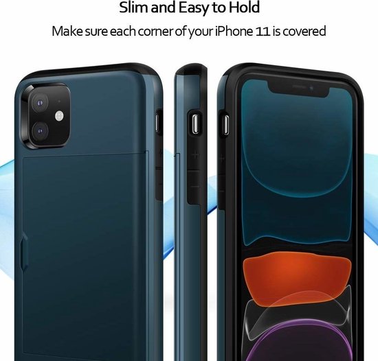 Donkerblauw hoesje voor iPhone 11, toonzaal de achterkant, zijkant en voorkant.