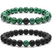 Victorious Set Natuurstenen Kralen Armbanden – Heren Armband – Dames Armband – Zwart/Groen – 17cm