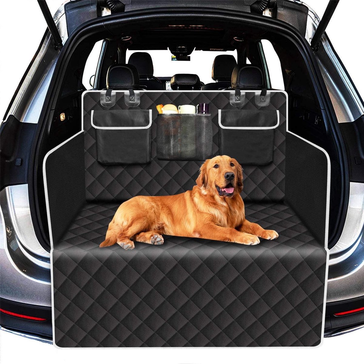 Kofferbakbeschermer voor hond, scheurvast en waterdicht, antislip wasbare achterbankhoes voor honden met zijbescherming universeel voor auto, stationwagen, vrachtwagens, SUV (Zwart)