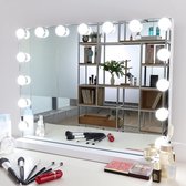 Hollywood spiegel met verlichting, met USB, voor wandmontage en desktop, 15 dimbare lampen, 3 kleurtemperatuur licht make-up spiegel Hollywood stijl, wit 58cm x 46cm