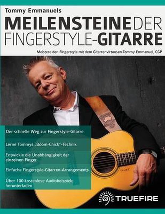 Boek "Meilensteine der Fingerstyle-Gitarre" met Tommy Emmanuel op de cover, met gitaar.