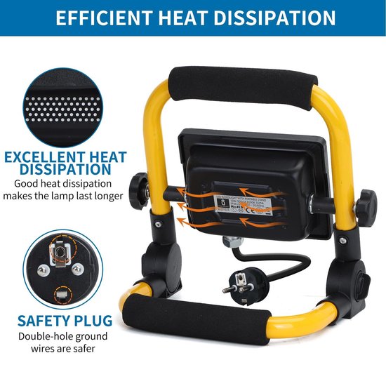 LED DE TRAVAIL À LED - ANTI-CHOC IP44 - 10W 900LUMEN - 6500K DAYLIGHT BLANC - INCL. FICHE DE CONNEXION 150CM