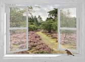 Tuinposter - 90x65 Cm - Openslaand Wit Venster Met Mus - Doorkijk - Slingerpad Door Paarse Heide - Tuindecoratie - Tuindoek - Tuin Decoratie - Tuinposters Buiten