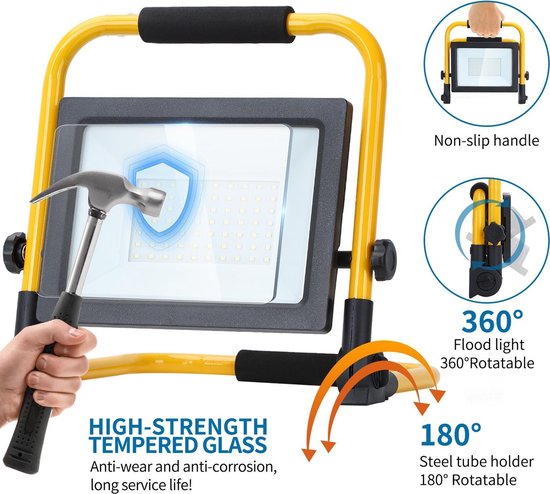 LAMPE DE TRAVAIL À LED - RÉSISTANT AUX CHOCS IP44 - 50W 4500LUMEN - 6500K BLANC LUMIÈRE DU JOUR - INCL. FICHE DE CONNEXION 150CM