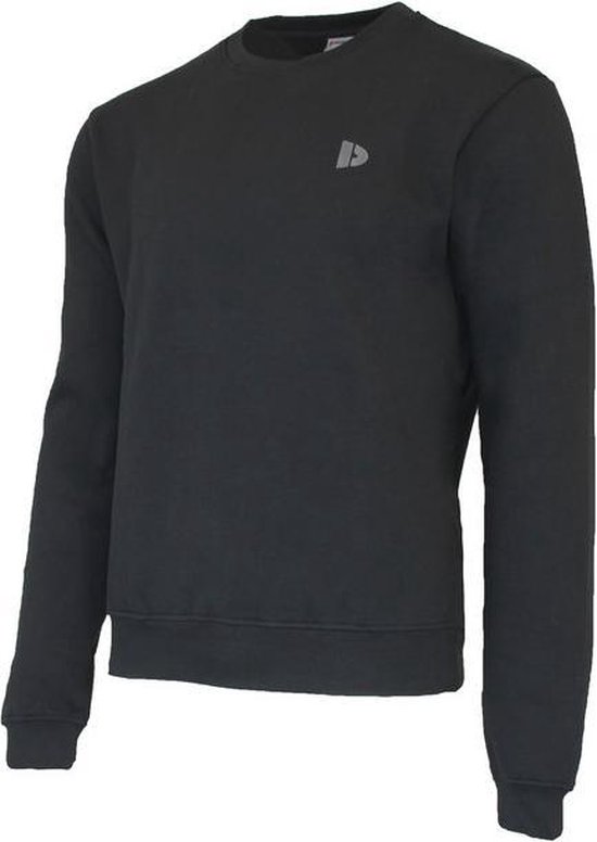 Zwarte Donnay fleece trui met ronde hals en logo op de linkerborst, zijaanzicht.