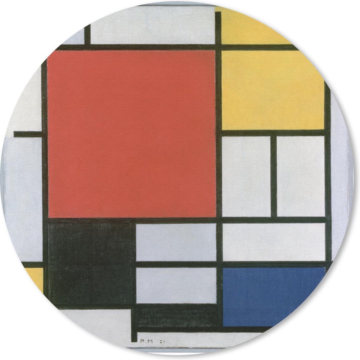 Muismat - Mousepad - Rond - Compositie 2 in Rood Blauw en Geel - Piet Mondriaan - 30x30 cm - Ronde muismat