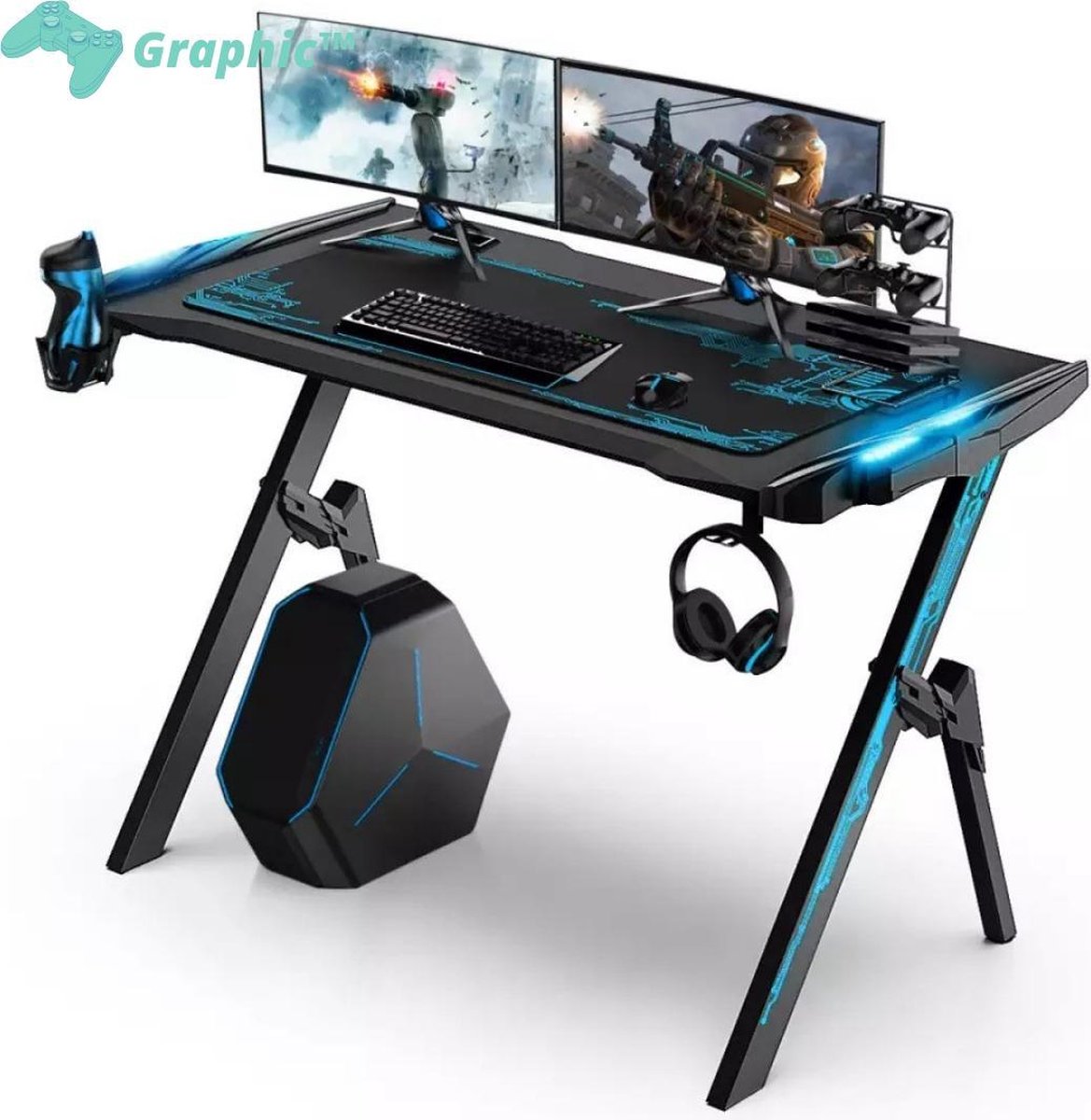 Graphic™ Gamebureau Blauw met LED Verlichting || Gaming Bureau || Game Tafel || Game Desk || BLAUW - Ship-2U™