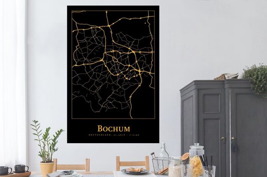 Poster 120x180 cm - Kaart - Bochum - Goud - Zwart - Posters - Kamer decoratie - Wanddecoratie woonkamer - Muurdecoratie slaapkamer XXL