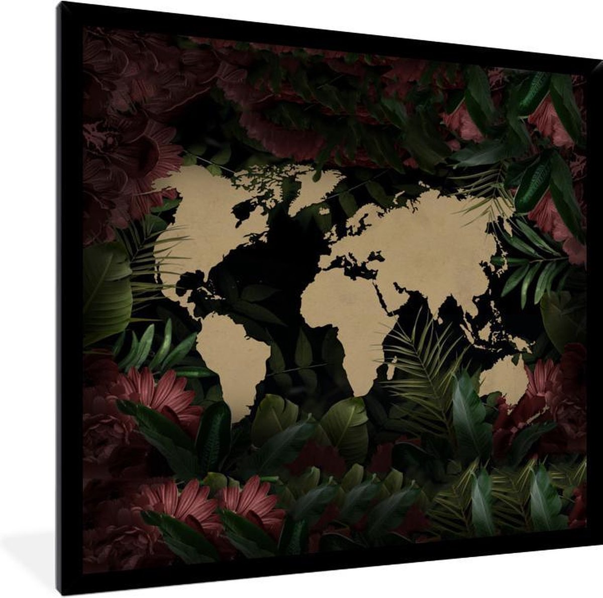 Afbeelding van product PosterMonkey  Poster met lijst Wereldkaart - Bloemen - Roze - 40x40 cm