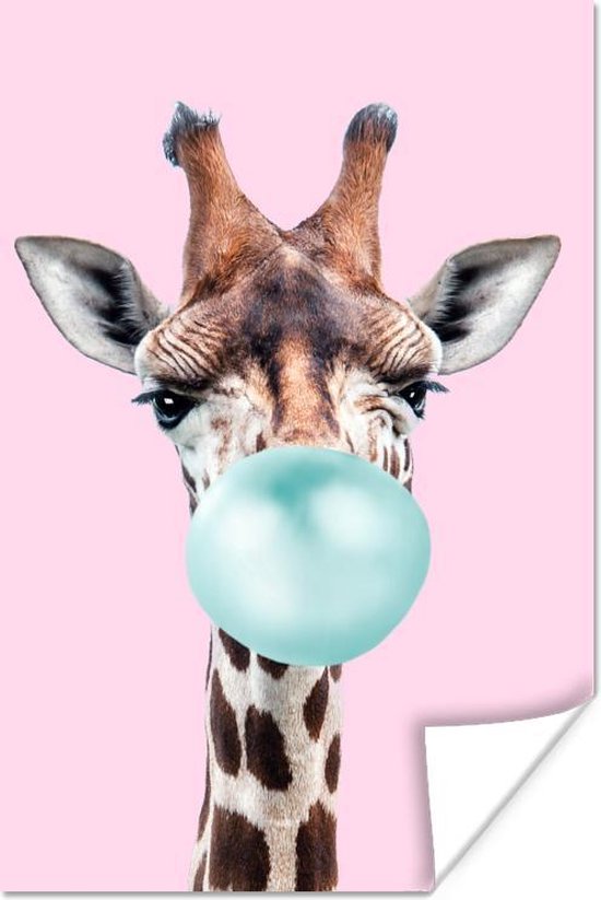Poster Giraffe - Kauwgom - Roze - Blauw