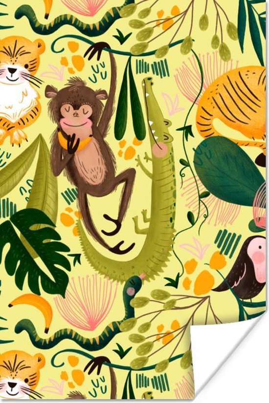Poster Jungle - Planten - Dieren - Geel - 60x90 cm