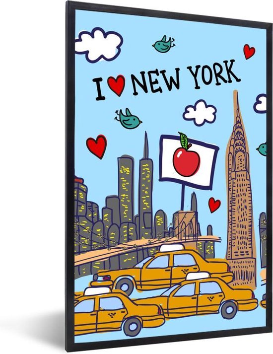 Affiche encadrée New York - Dessin - Taxi - 20x30 cm