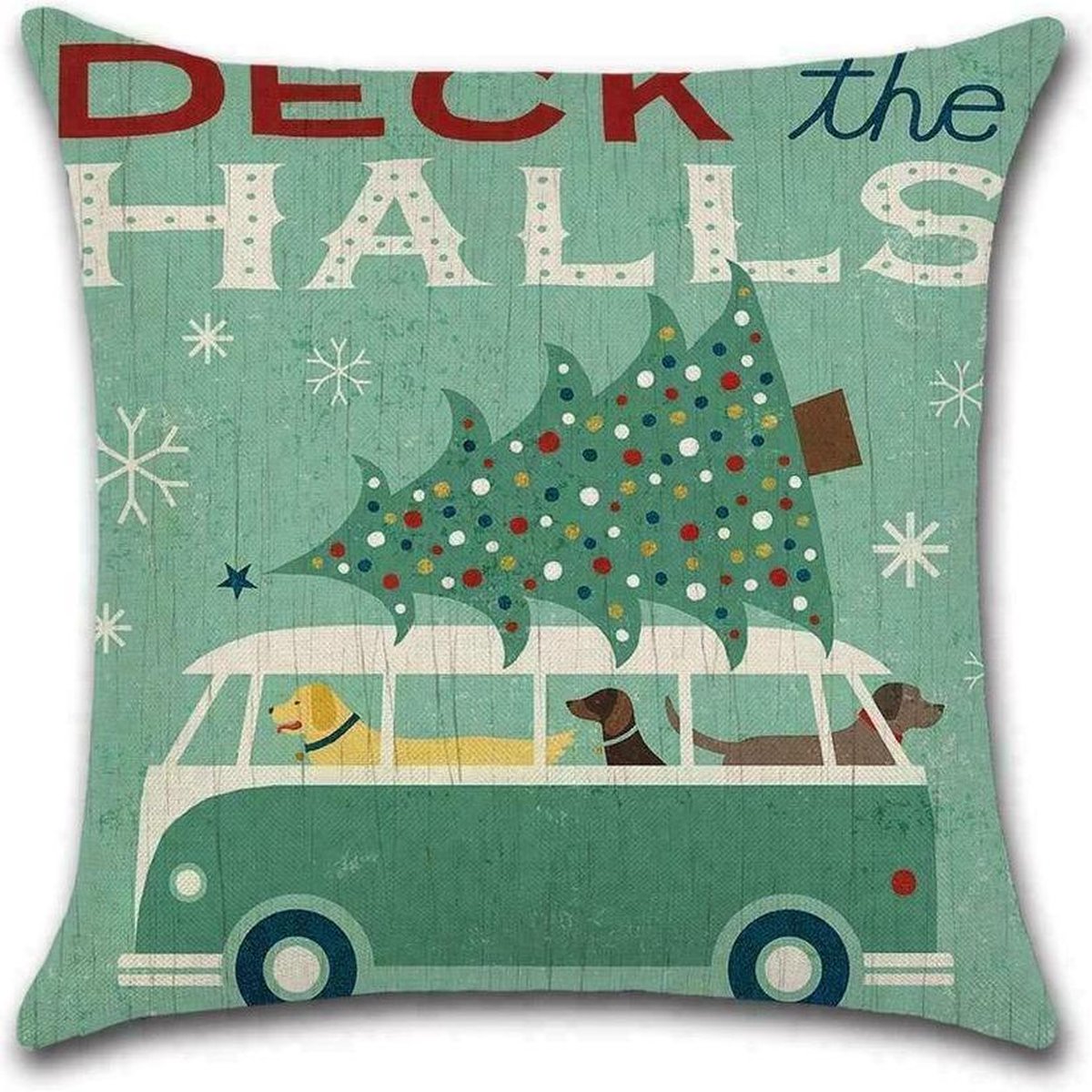 By Javy Kussenhoes Kerst - Volkswagen Familie Boom - Kussenhoes - Kerst - 45x45 cm - Sierkussen - Polyester Groentinten