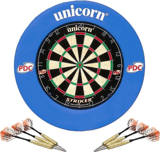 Unicorn - Striker Home Dartset - Dartbord met Beschermring en 2 sets Dartpijlen - Blauw