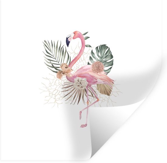 Muurstickers - Sticker Folie - Flamingo - Bladeren - Bloemen - Tekening - 120x120 cm - Plakfolie - Muurstickers Kinderkamer - Zelfklevend Behang XXL - Zelfklevend behangpapier - Stickerfolie