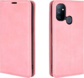 OnePlus Nord N100 Hoesje - Mobigear - Retro Slim Serie - Kunstlederen Bookcase - Roze - Hoesje Geschikt Voor OnePlus Nord N100