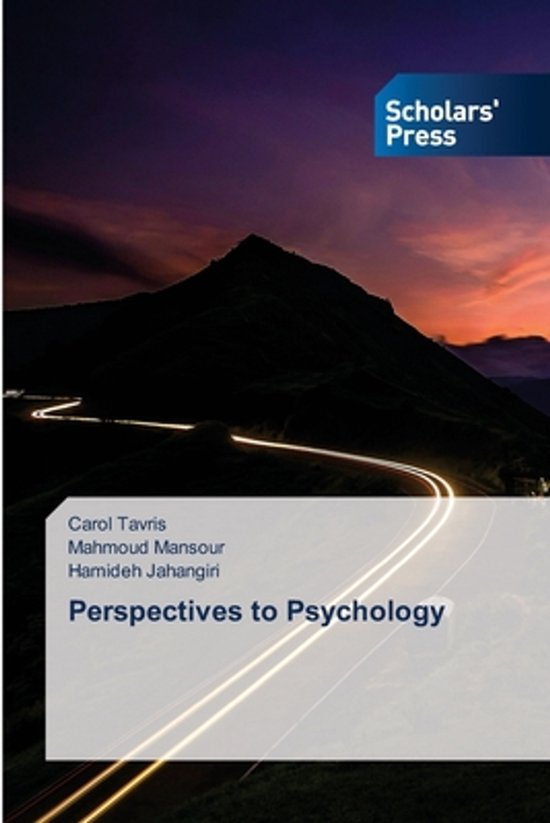 Boek 'Perspectives to Psychology' met een donkere bergweg bij zonsondergang.