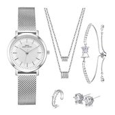 Zilver kleur Premium Horloge, Ring, Armband, oorbellen en Ketting | Boerni Aibisino | SMAEL Z022 | Zilver luxe geschenk set| Crystal glass | Premium kwaliteit uurwerk Quartz Japan