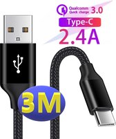 3x USB-C Data- en Laadkabel 3M - 2.4A Snellader Kabel - Fast en Quick Charge Oplaadkabel - Type C Naar USB-A - Oplaadsnoer Telefoon - Laptop - Samsung Galaxy en Note - Sony - OnePlus - Gevloc