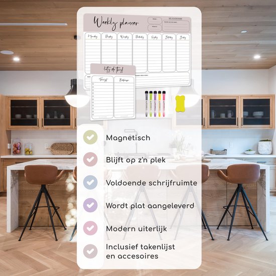 My Stationery Weekplanner Magnetisch Whiteboard Set - Stijlvol Deskplanner met Accessoires – Planbord Inclusief Dagplanner - Familieplanner - Gezinsplanner 42x30cm - My Stationery