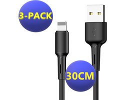 3x Korte Datakabel - 30 CM - Geschikt voor Apple Carplay, iPhone - Oplader Kabel - Kunststof - Versterkt - Zwart - Auto USB Kabel