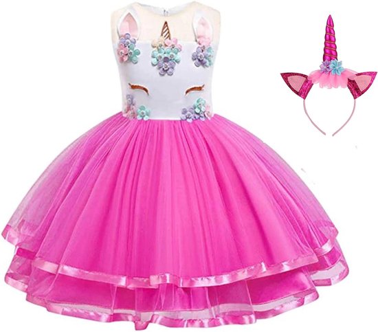 Eenhoorn jurk unicorn jurk eenhoorn kostuum - fel roze 122-128 (140) prinsessen jurk verkleedjurk + haarband