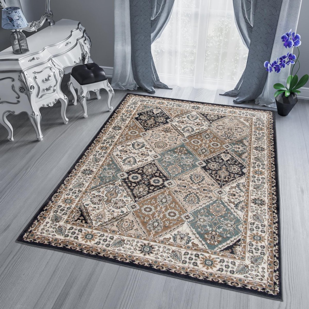 Tapiso Dubai Vloerkleed Bloemen Tapijt Carpet Oriental Oosters Maat- 300x400 Beige Antraciet2