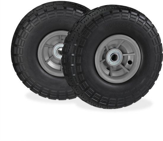 Relaxdays 2x steekwagenwiel 4.1/3.5-4'', anti lek banden, 16 mm as, tot 150 kg, 260x85mm, rubber, zwart-grijs