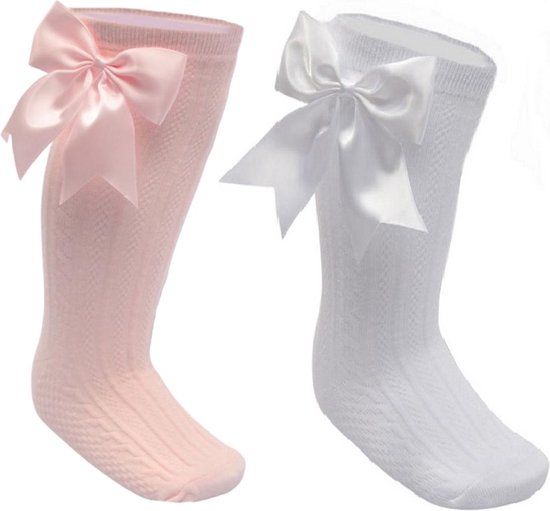 Soft Touch - 2 paar Elegance Kniekousen met Strik - Pink & White - Maat 3-6 mnd