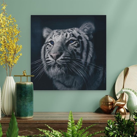 Artaza Peinture Sur Toile Tête De Tigre Aux Yeux Bleus - Zwart Wit - 30x30 - Klein - Photo Sur Toile - Impression Sur Toile