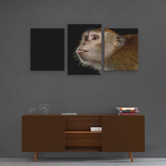 Artaza Tableau Triptyque Tête De Singe Avec Sa Langue Tirée - Singe - 120x60 - Photo Sur Toile - Impression Sur Toile