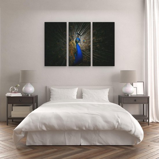 Artaza Canvas Schilderij Drieluik Blauwe Pauw Met Grote Veren - 120x80 cm - Wanddecoratie Woonkamer - Schilderijen - Muurdecoratie