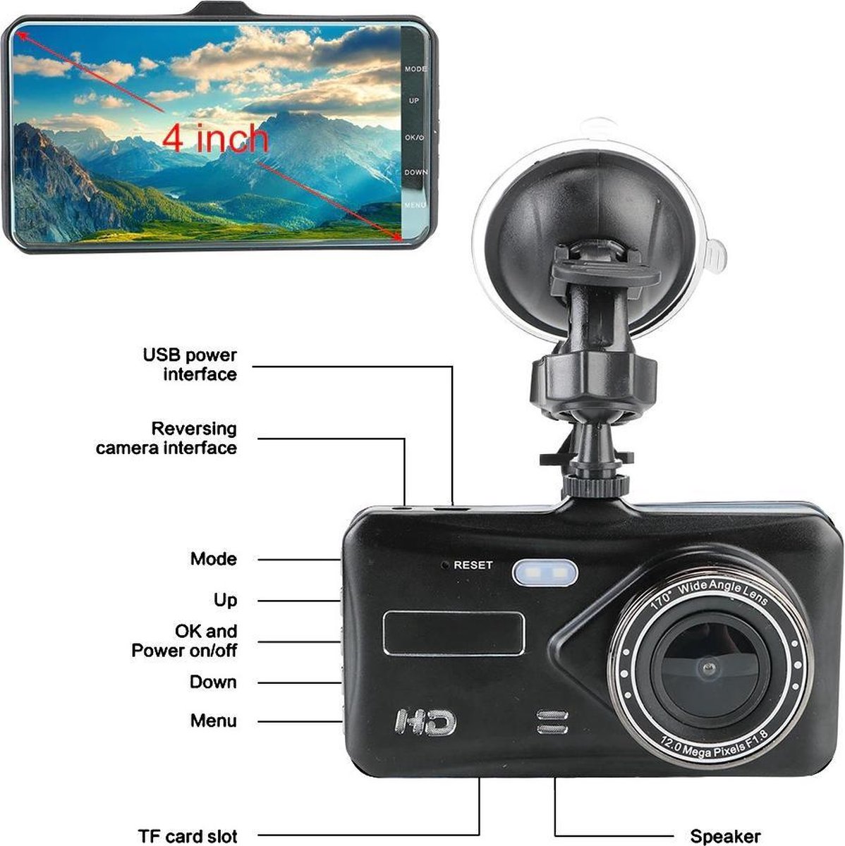 DrPhone DC7 Auto Dashcam Voor en Achter - Video Recorder FHD 1080p- 4 Inch Touchscreen - Loop Opname - G-sensor - 170 ° Groothoek – Nachtzicht (WDR)- Bewegingsdetectie – foto 2